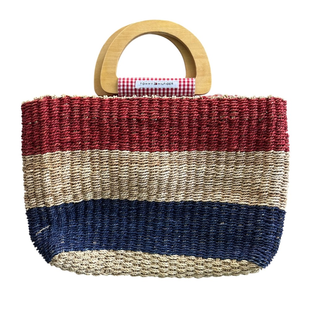 Tommy Hilfiger Red Tan Blue Stripe Straw Gingham Lining Wood Handle Picnic Purse